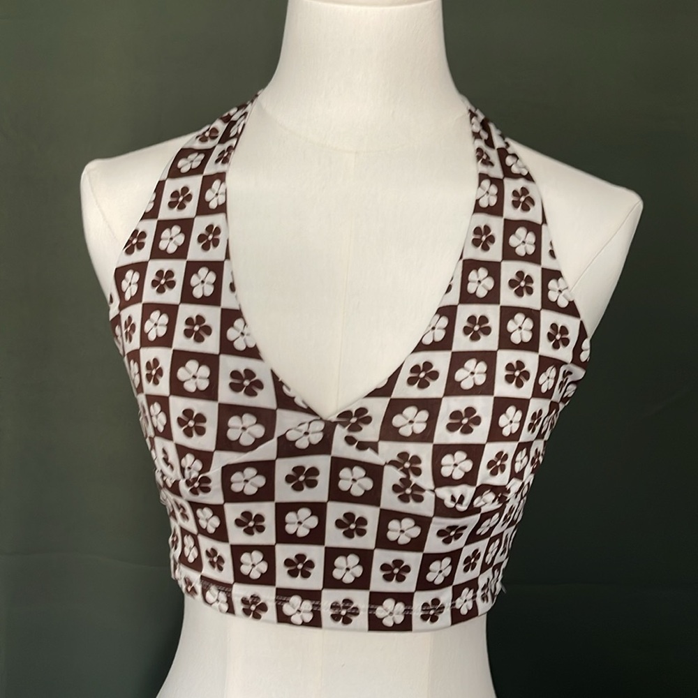 RSQ Brown White Floral Checker Halter M Tie Back Top Indie Festival Boho Groovy